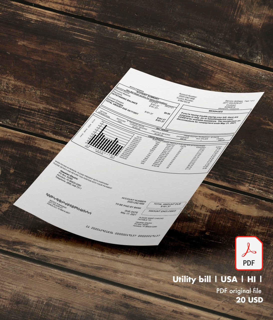 Utility bill |  Hawaii an Electric | USA | HI-0