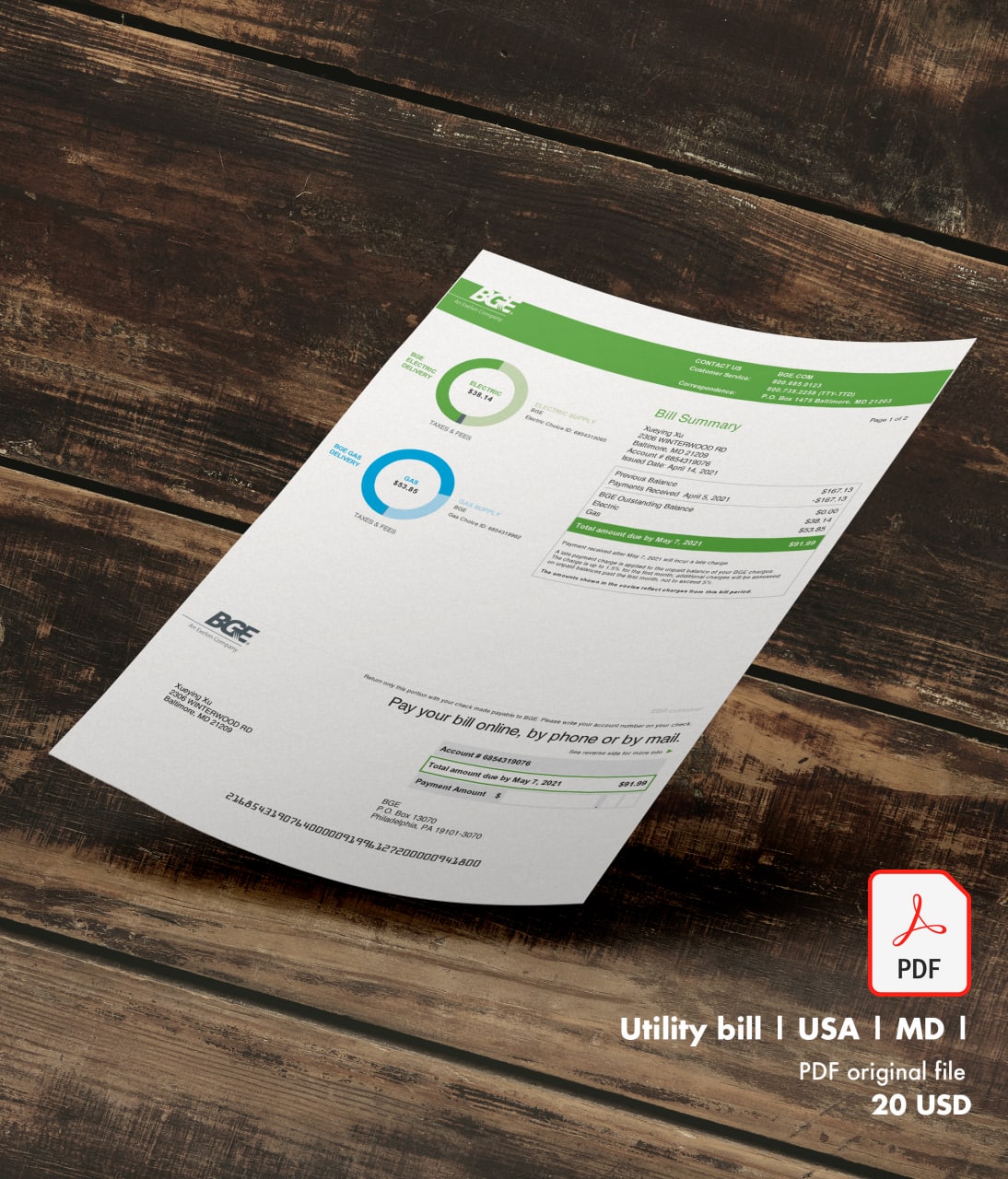 Utility bill | BGE | USA | MD-0